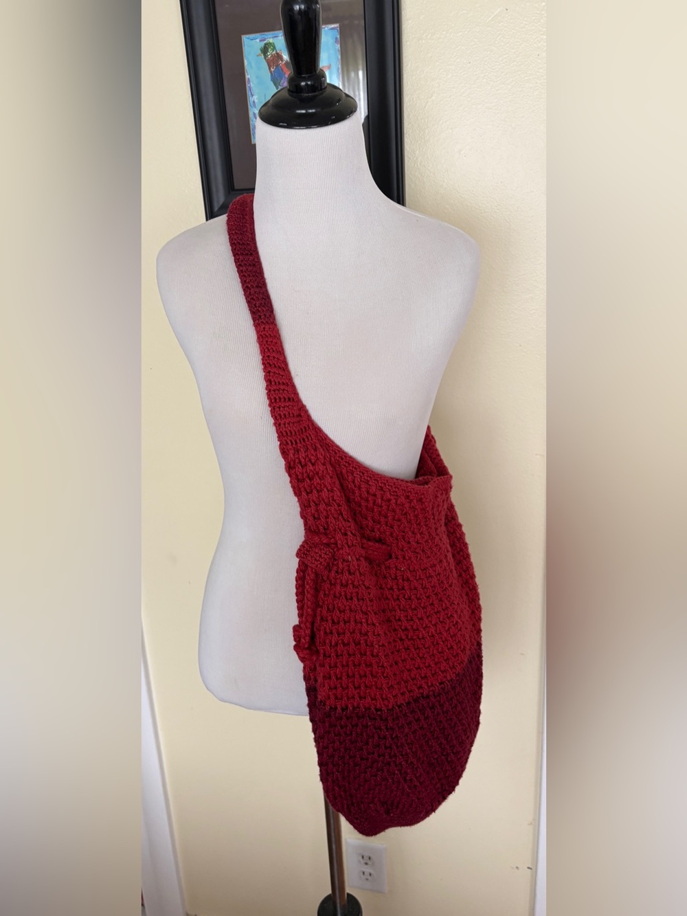 Boho Bag VTG Y2K Handmade Crochet Red Colorblock Shoulder Crossbody Happy & Free